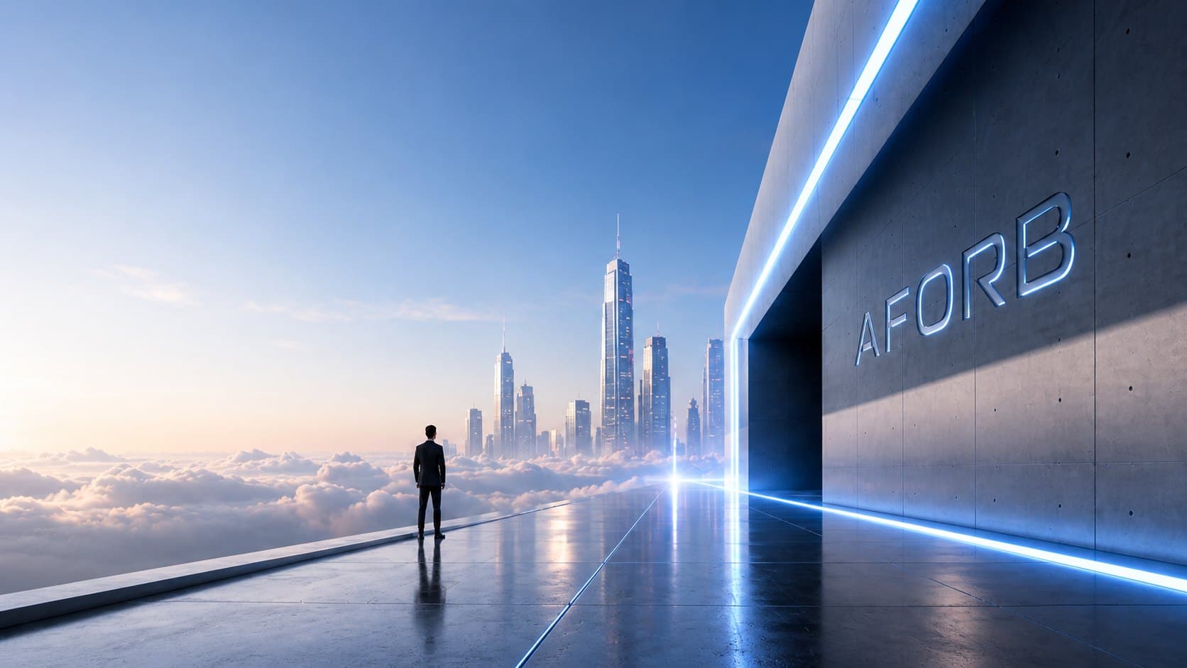 AFORB 네온 사인이 새겨진 벽과 구름 위 미래 도시를 바라보는 사업가